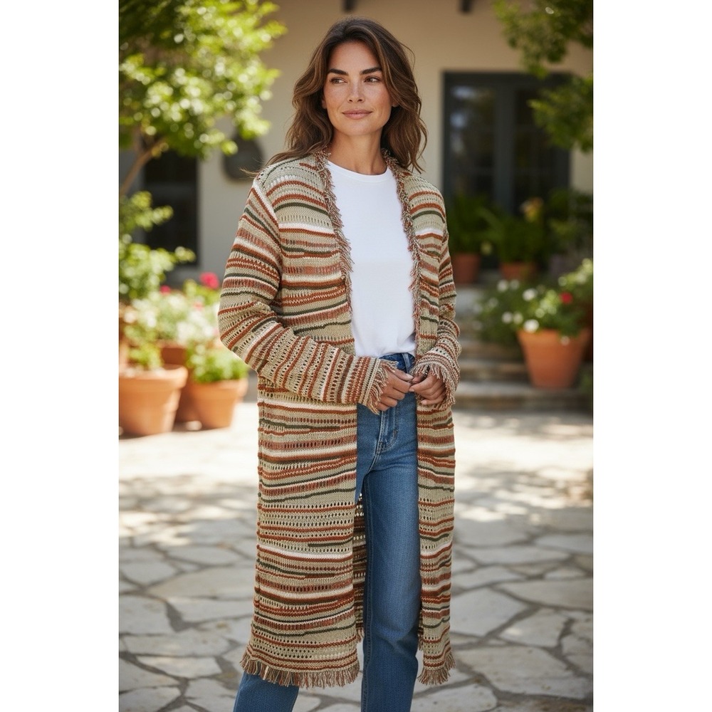 Chicos Woman's‎ Textured Zig Zag Fringed Fun Size 2P (US12p) Open Cardigan